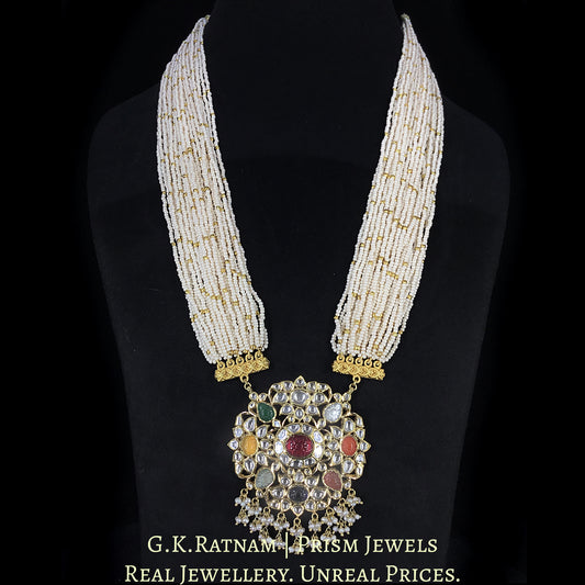 18k Gold and Diamond Polki Navratna Pendant Set With intricately carved navratans - G. K. Ratnam