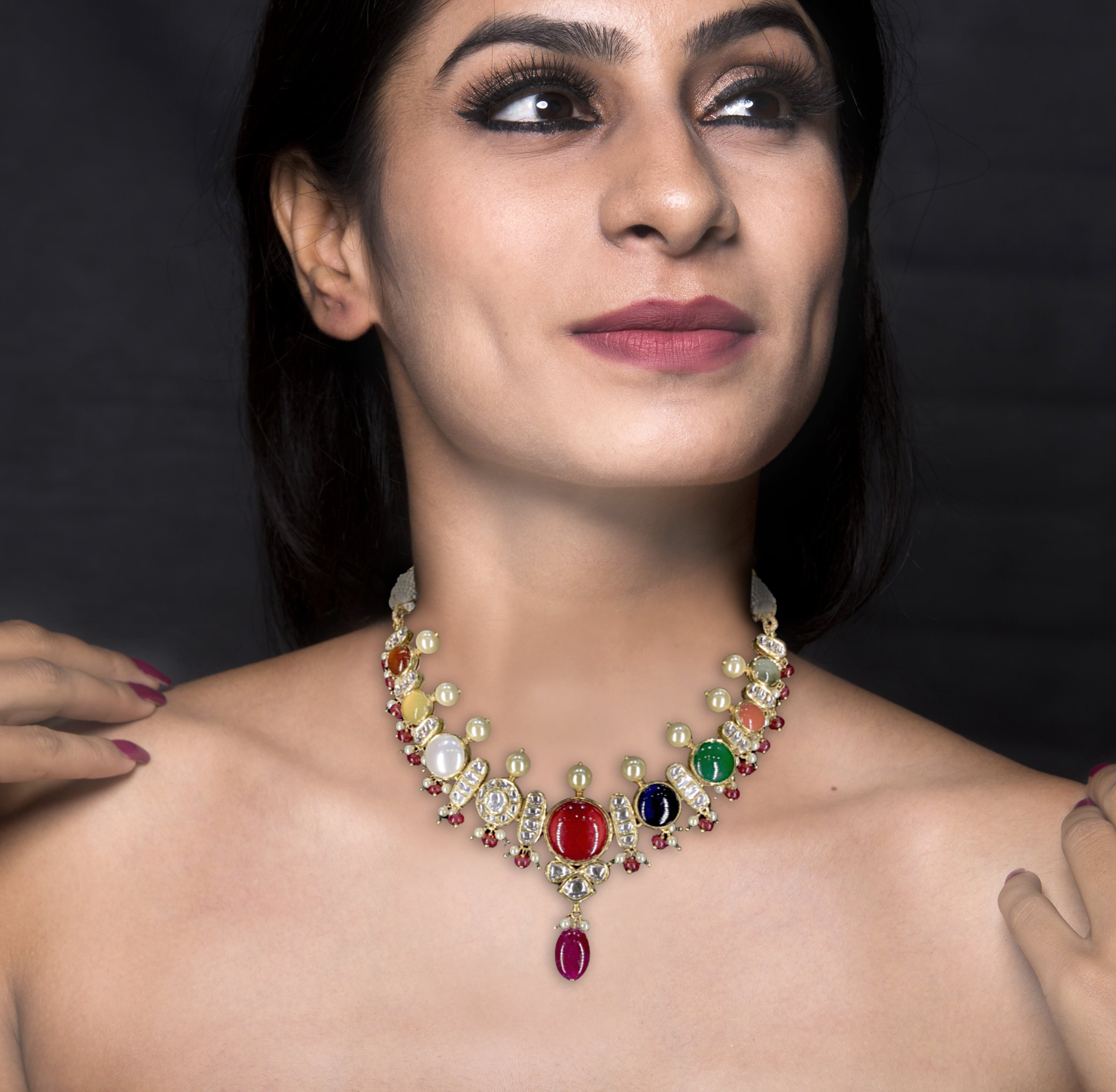 18k Gold and Diamond Polki Navratna Necklace Set enhanced with Rubies and Pearls
