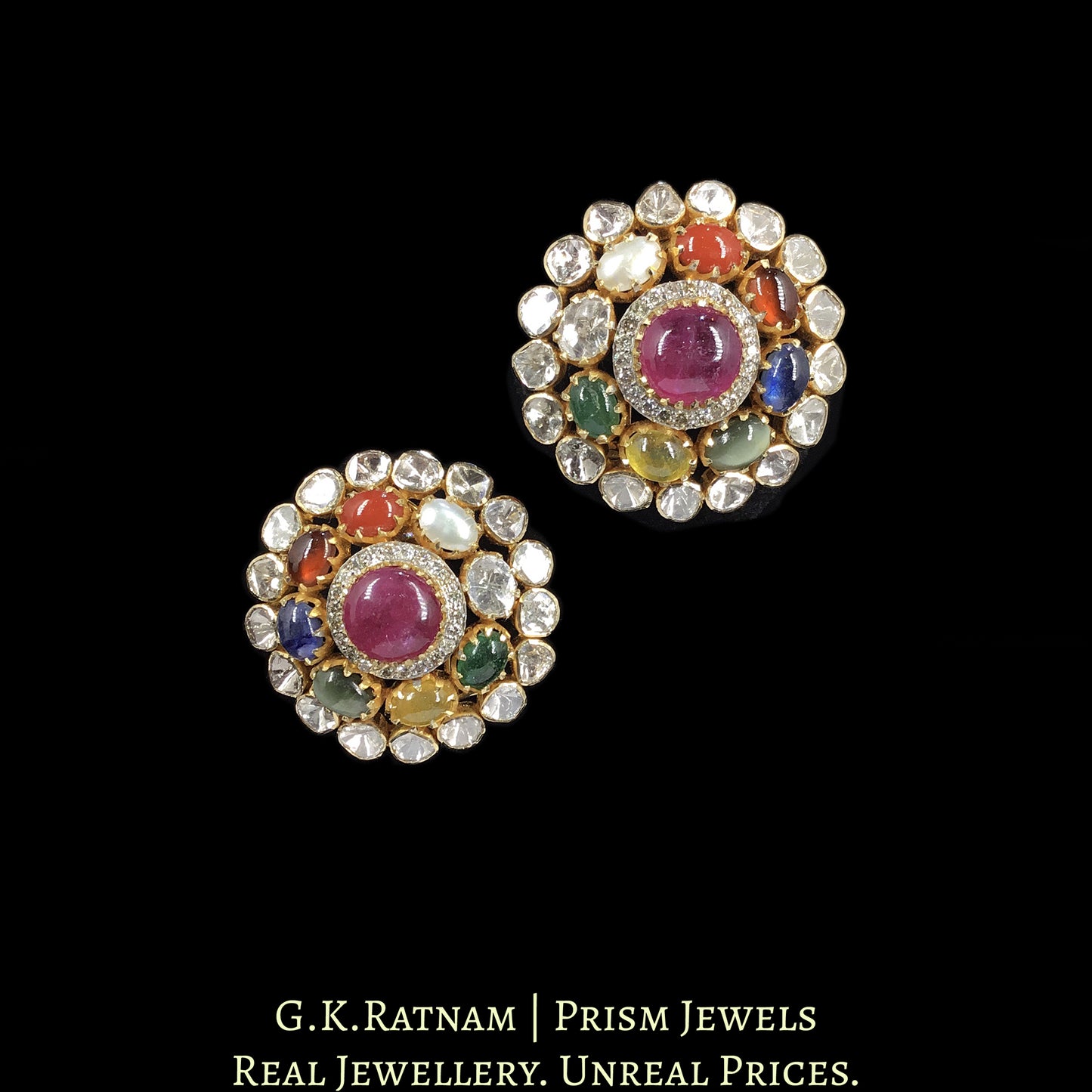 18k Gold and Diamond Polki Open Setting Navratna Karanphool Earring Pair