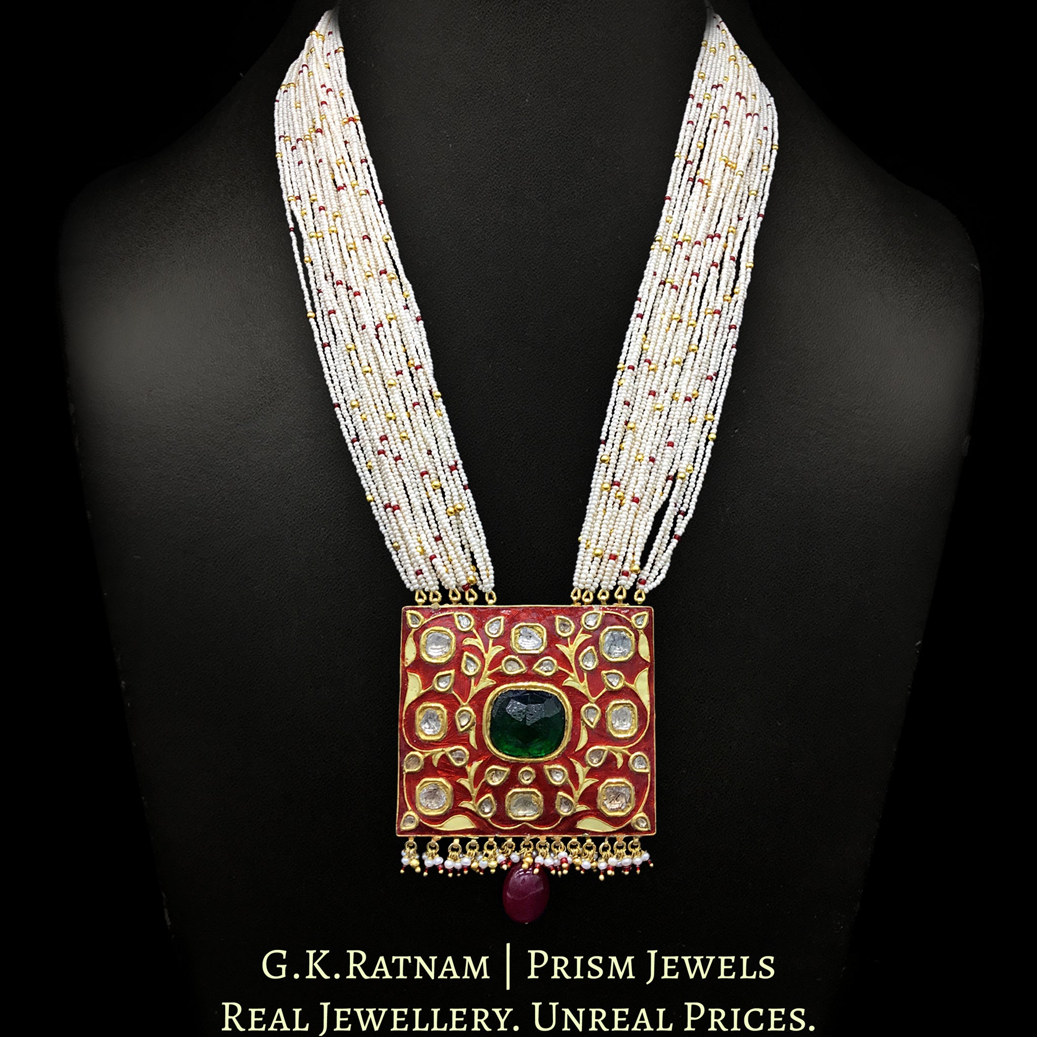 23k Gold and Diamond Polki square Pendant Set with red enamelling and big uncuts