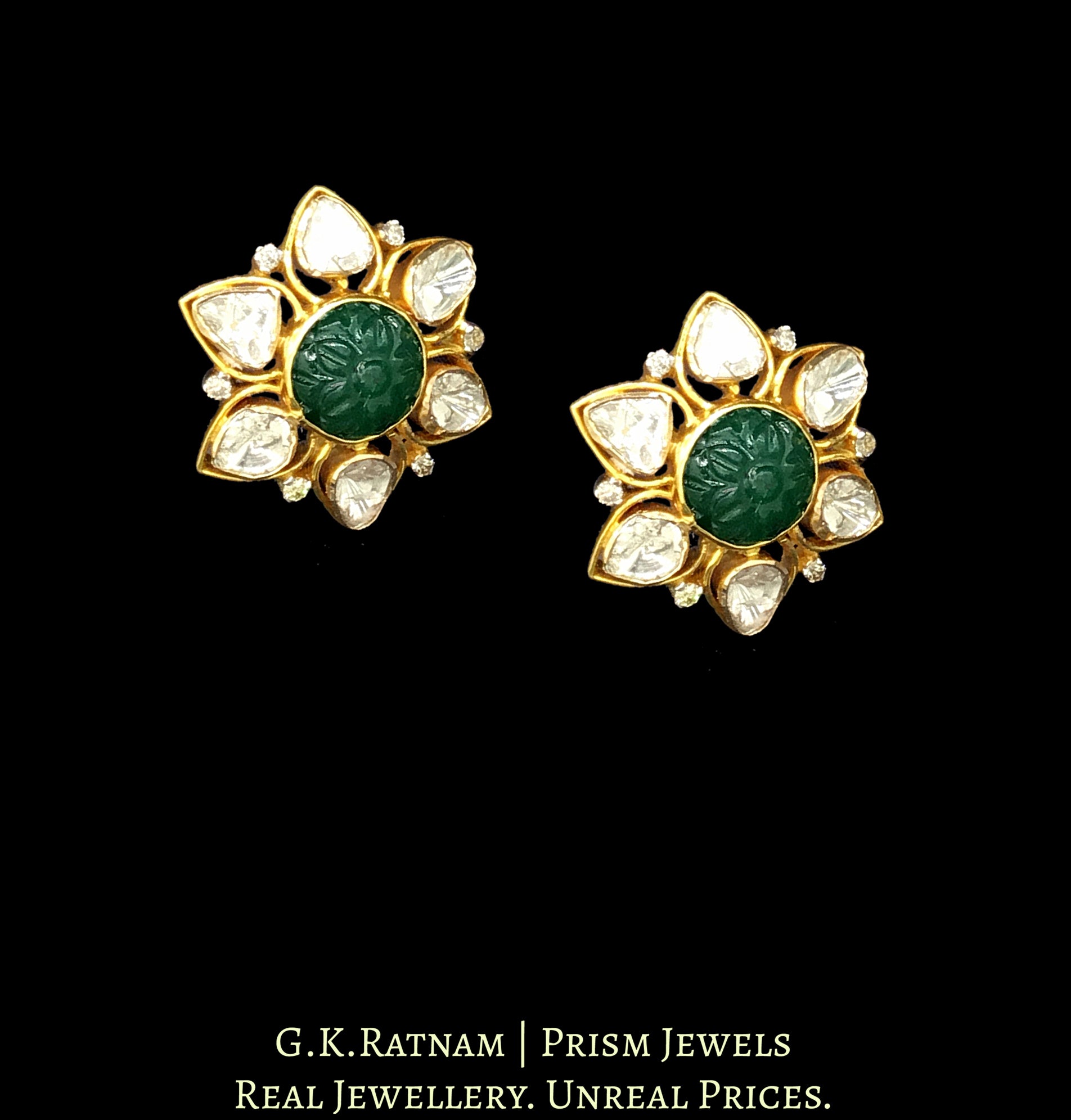 18k Gold and Diamond Polki Open Setting Karanphool Earring Pair with Green Beryl Carvings