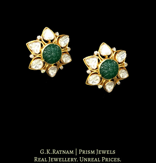 18k Gold and Diamond Polki Open Setting Karanphool Earring Pair with Green Beryl Carvings