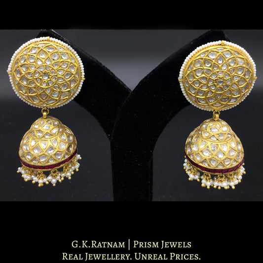 23k Gold and Diamond Polki Karanphool Jhumki Earring Pair with a rim of rubies