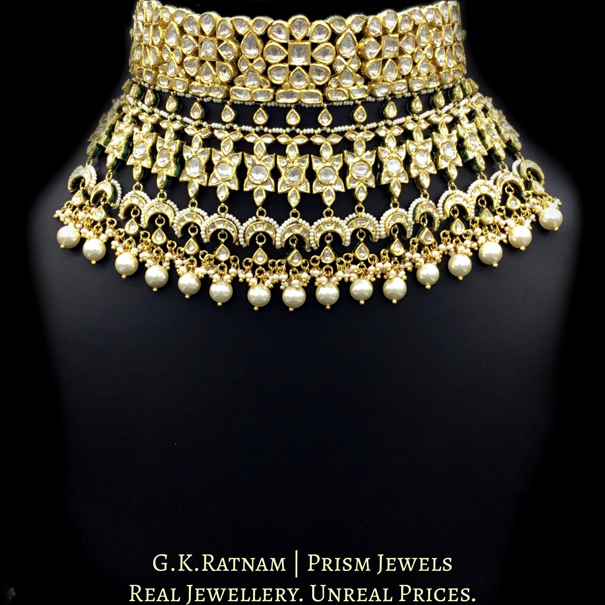 18k Gold and Diamond Polki multi-tier Choker Necklace Set with inverted uncut crescents and pears - G. K. Ratnam