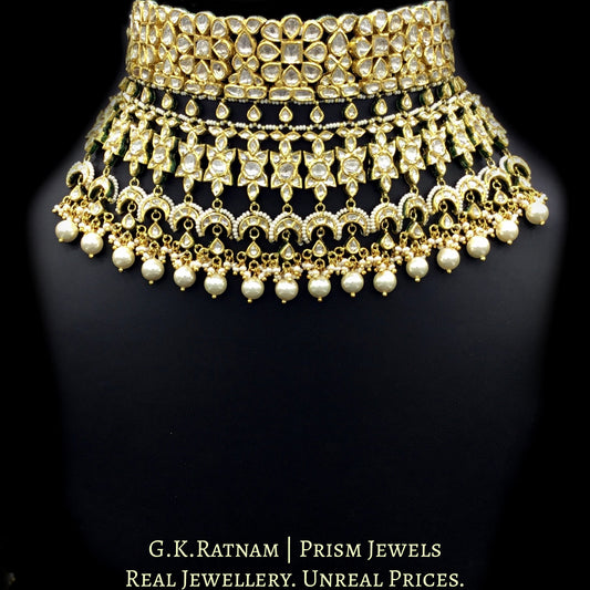 18k Gold and Diamond Polki multi-tier Choker Necklace Set with inverted uncut crescents and pears - G. K. Ratnam