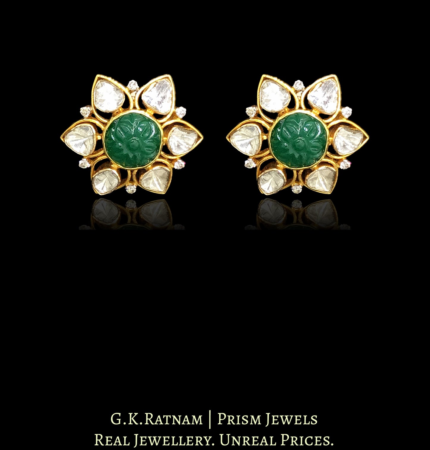 18k Gold and Diamond Polki Open Setting Karanphool Earring Pair with Green Beryl Carvings