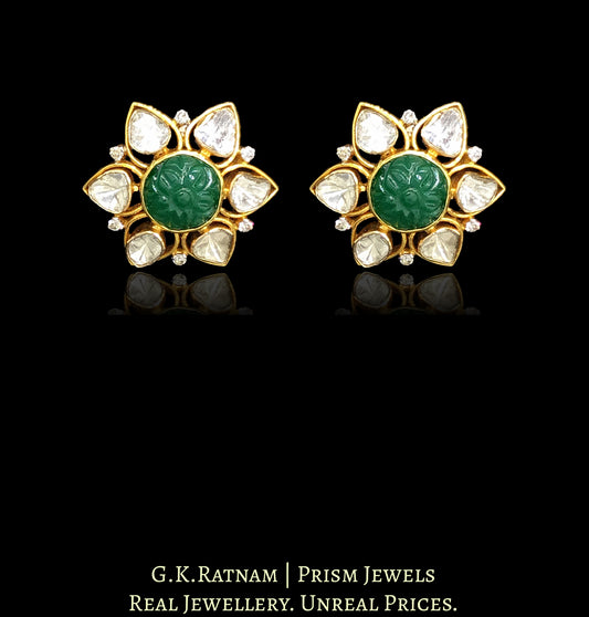 18k Gold and Diamond Polki Open Setting Karanphool Earring Pair with Green Beryl Carvings