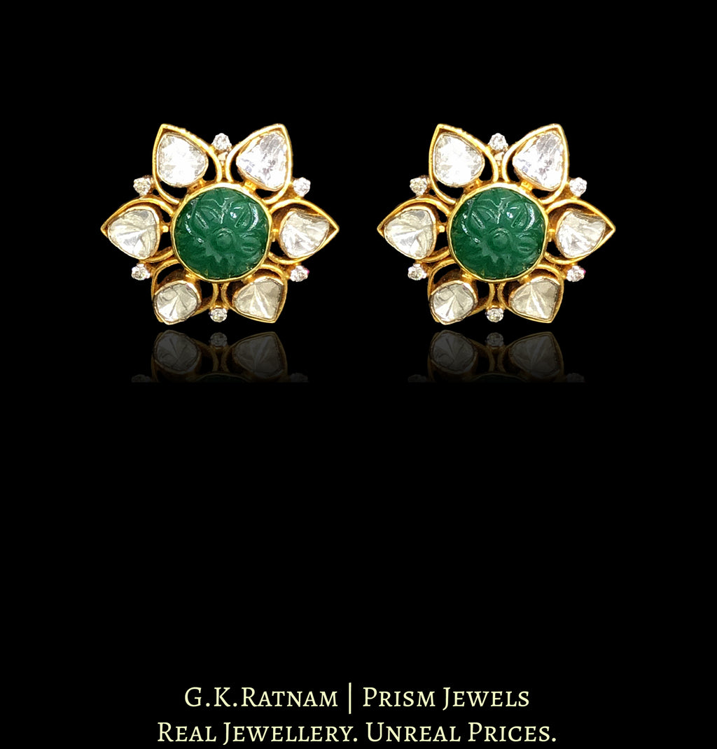 18k Gold and Diamond Polki Open Setting Karanphool Earring Pair with Green Beryl Carvings