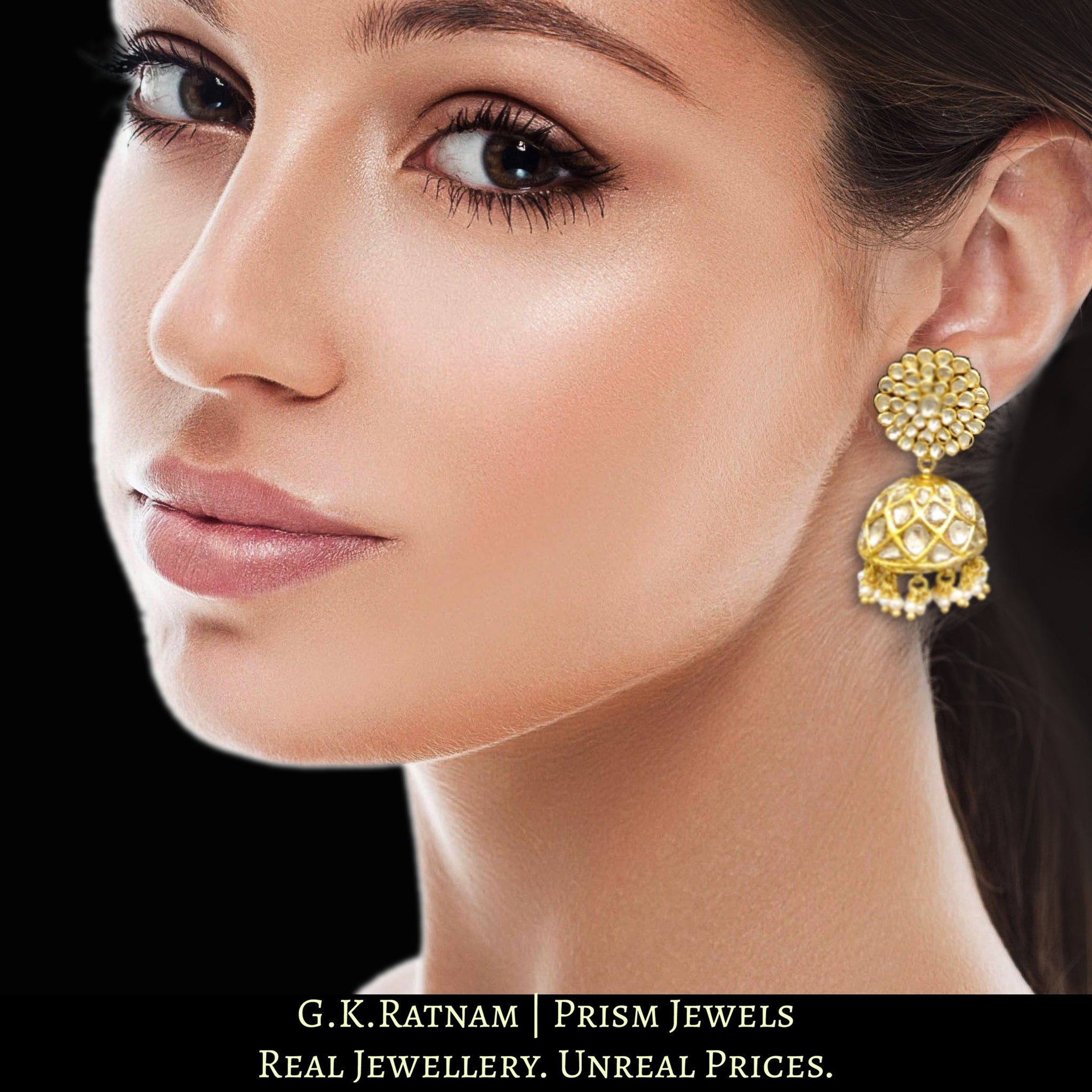 23k Gold and Diamond Polki Jhumki Earring Pair with natural freshwater pearls