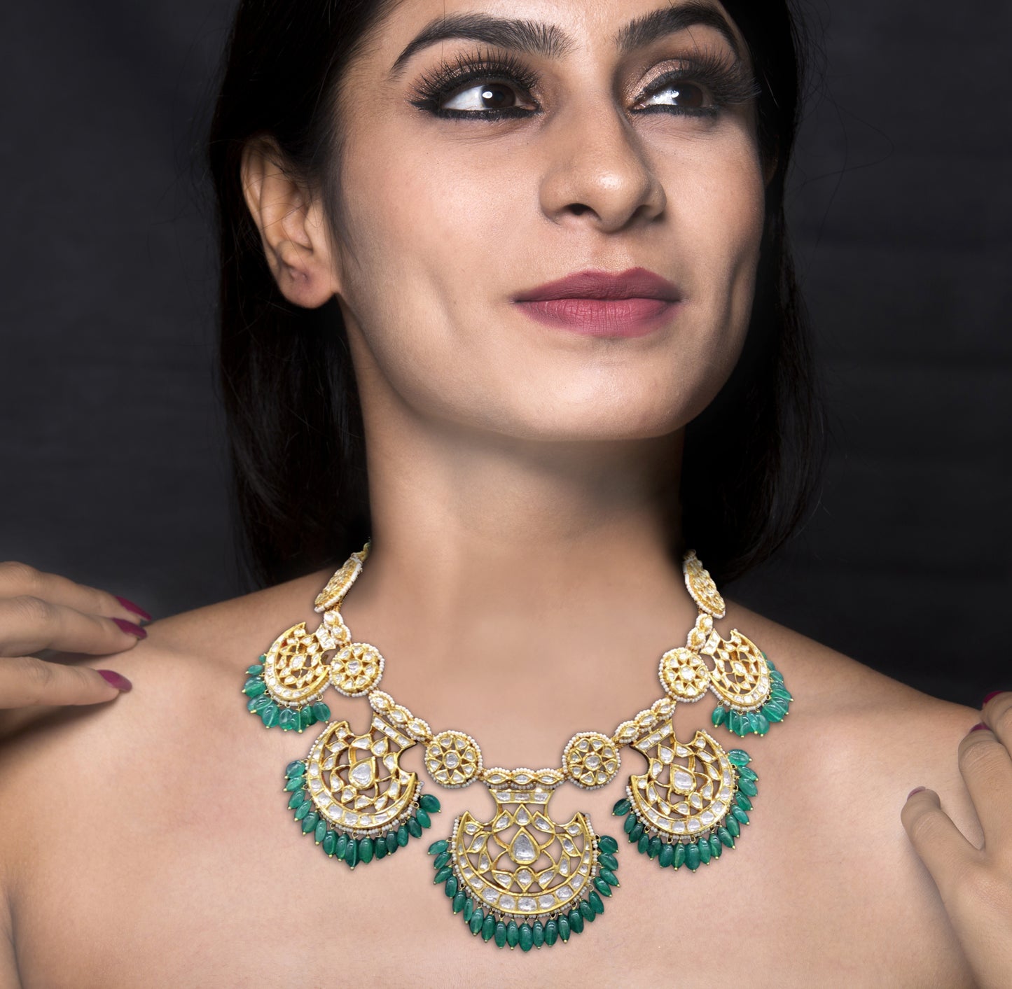 18k Gold and Diamond Polki Pankhi (fan) Necklace Set with emerald-grade beryl hangings - G. K. Ratnam
