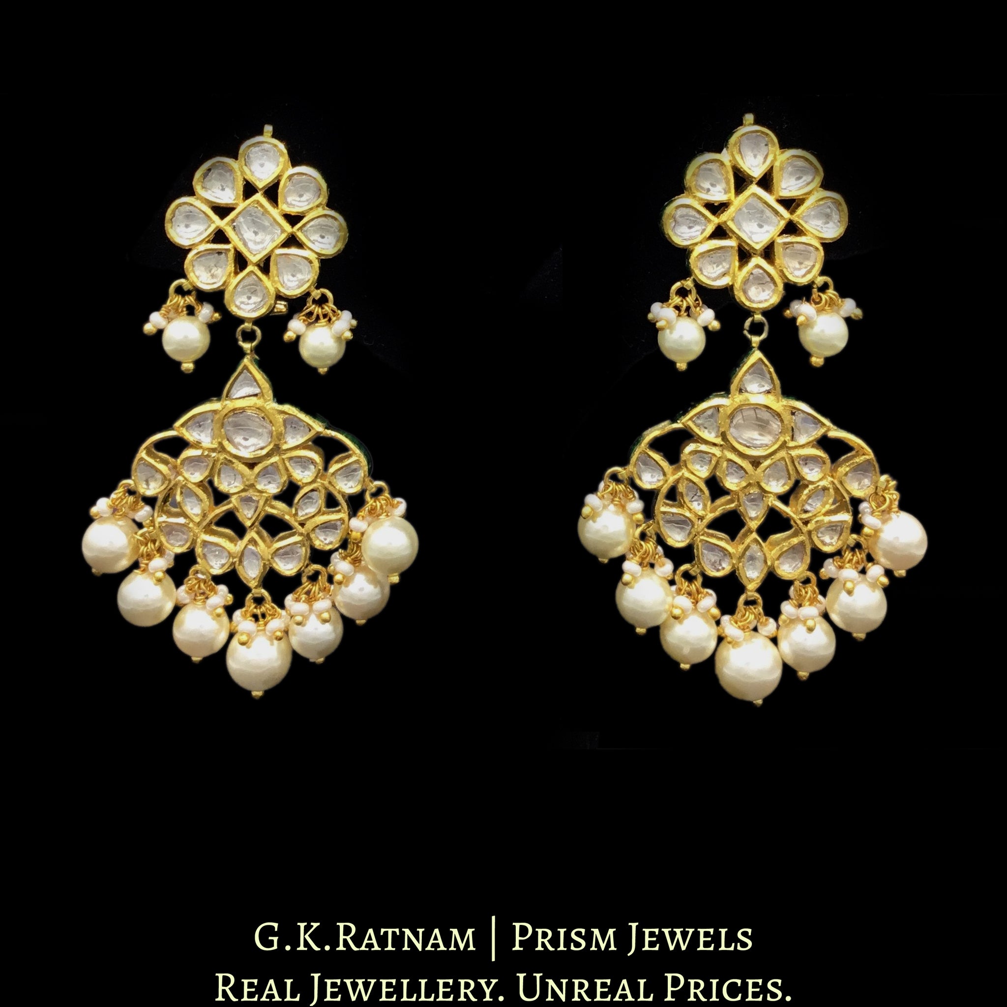 18k Gold and Diamond Polki multi-tier Choker Necklace Set with inverted uncut crescents and pears - G. K. Ratnam