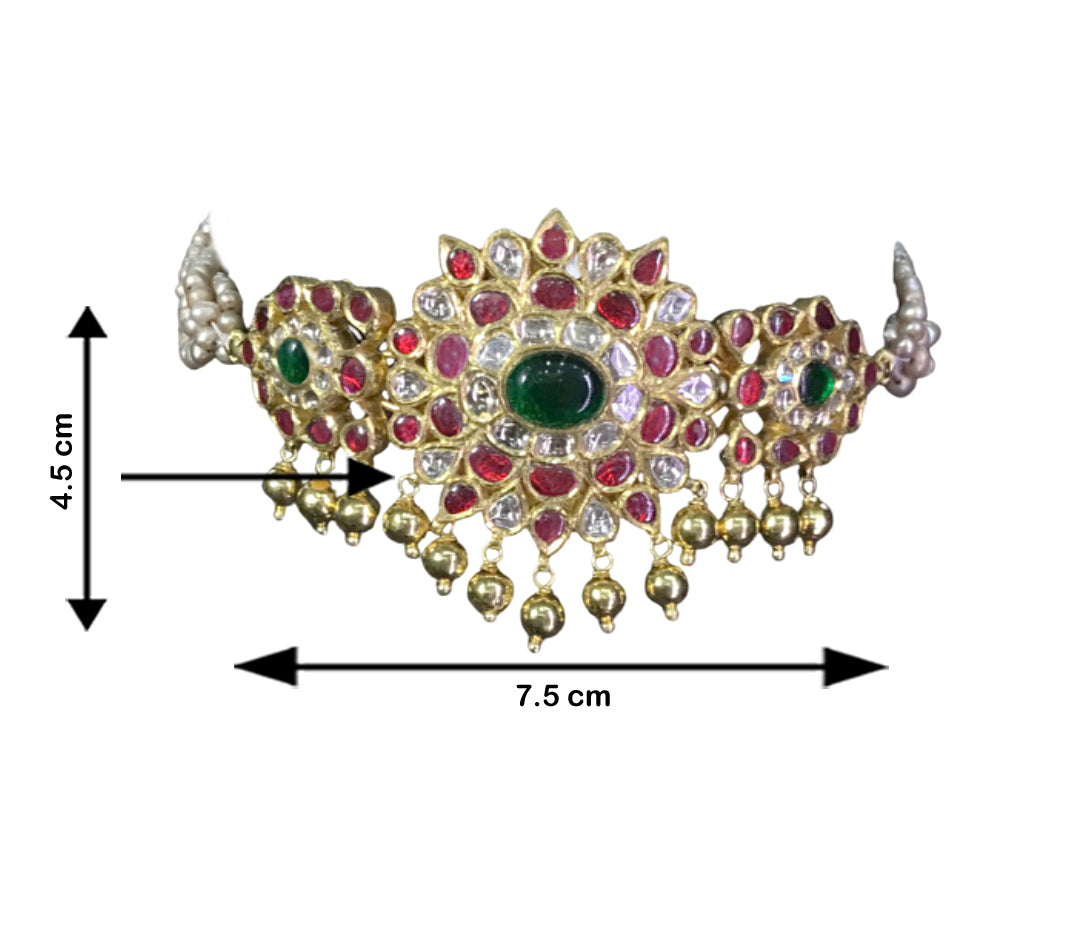 18k Gold and Diamond Polki south-style Choker Necklace with Antiqued Freshwater Pearl Bunches