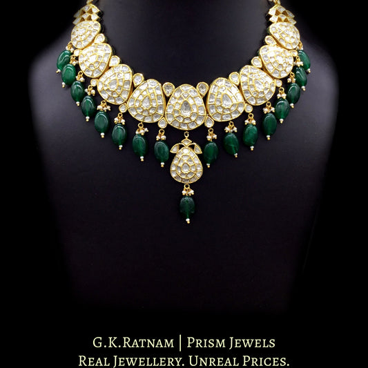 18k Gold and Diamond Polki Necklace Set with pear-shaped tikdas and emerald-green hangings - G. K. Ratnam