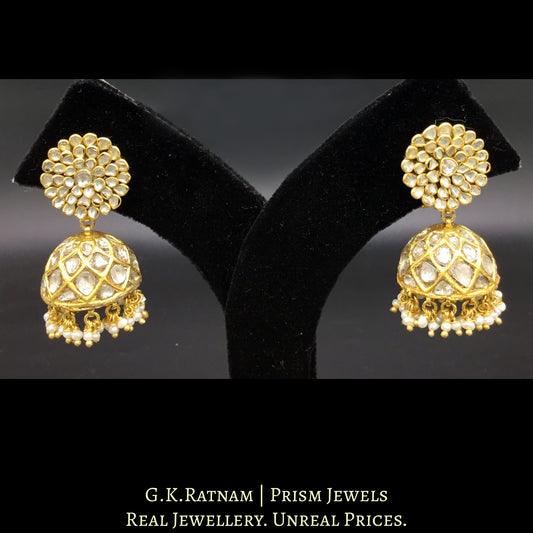 23k Gold and Diamond Polki Jhumki Earring Pair with natural freshwater pearls