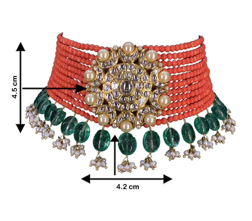 18k Gold and Diamond Polki Choker Necklace With Corals and Beryls - G. K. Ratnam