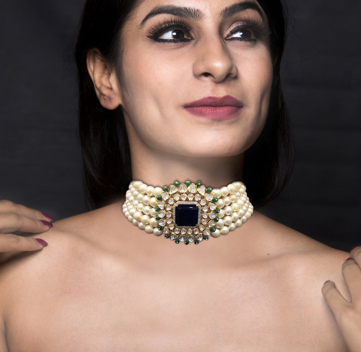 18k Gold and Diamond Polki Open Setting Choker Necklace Set with South Sea Pearls