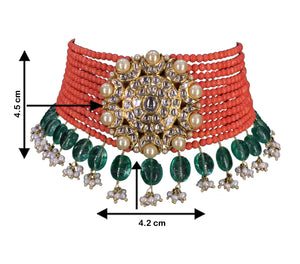 18k Gold and Diamond Polki Choker Necklace With Corals and Beryls