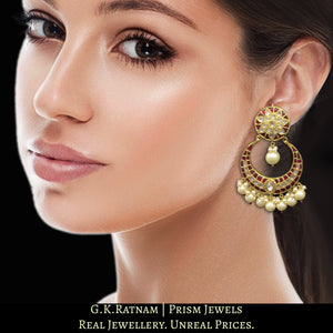 23k Gold and Diamond Polki Chand Bali Earring Pair with ruby-red stones and shell pearl clusters
