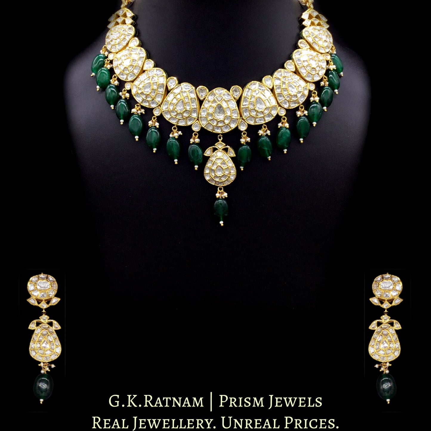 18k Gold and Diamond Polki Necklace Set with pear-shaped tikdas and emerald-green hangings - G. K. Ratnam