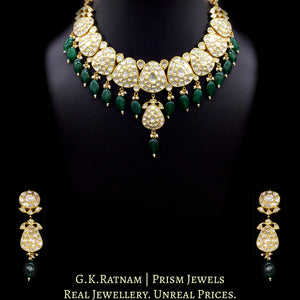 18k Gold and Diamond Polki Necklace Set with pear-shaped tikdas and emerald-green hangings - G. K. Ratnam