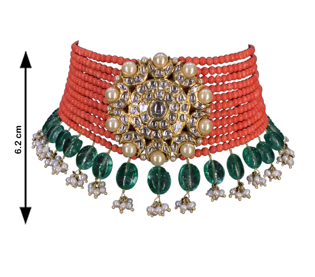 18k Gold and Diamond Polki Choker Necklace With Corals and Beryls