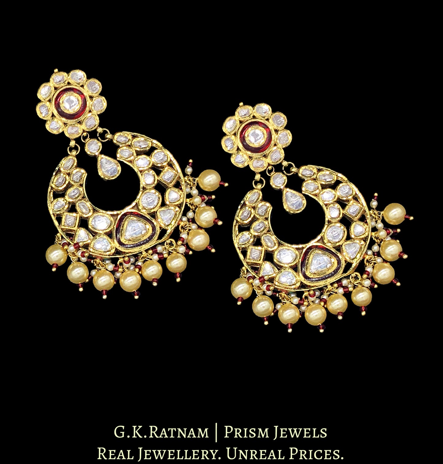 Traditional Gold and Diamond Polki Chand Bali Earring Pair with rubies and pearls strung with a hint of red - G. K. Ratnam