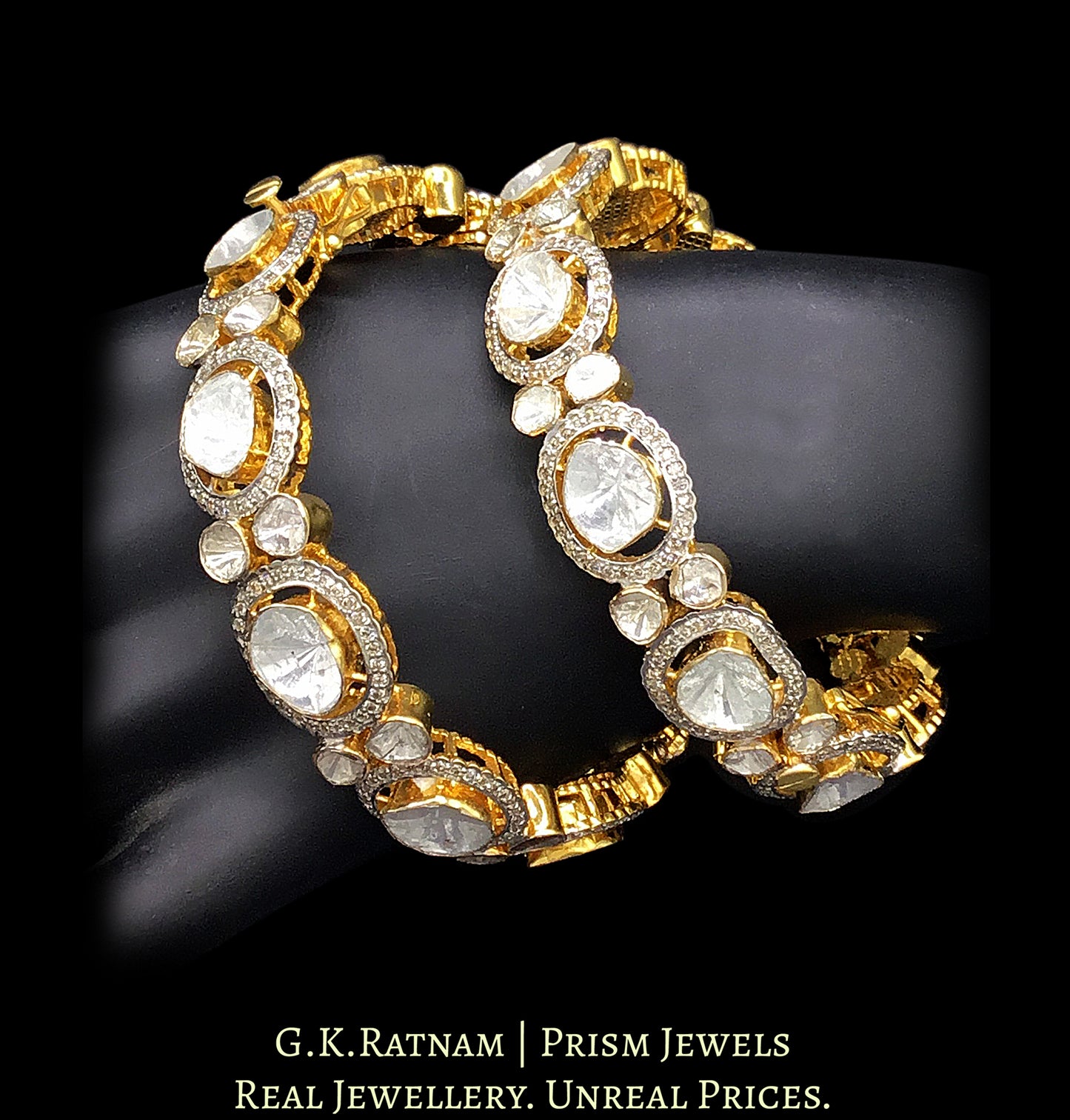 14k Gold and Diamond Polki Open Setting Bangle Pair with Big Polkies