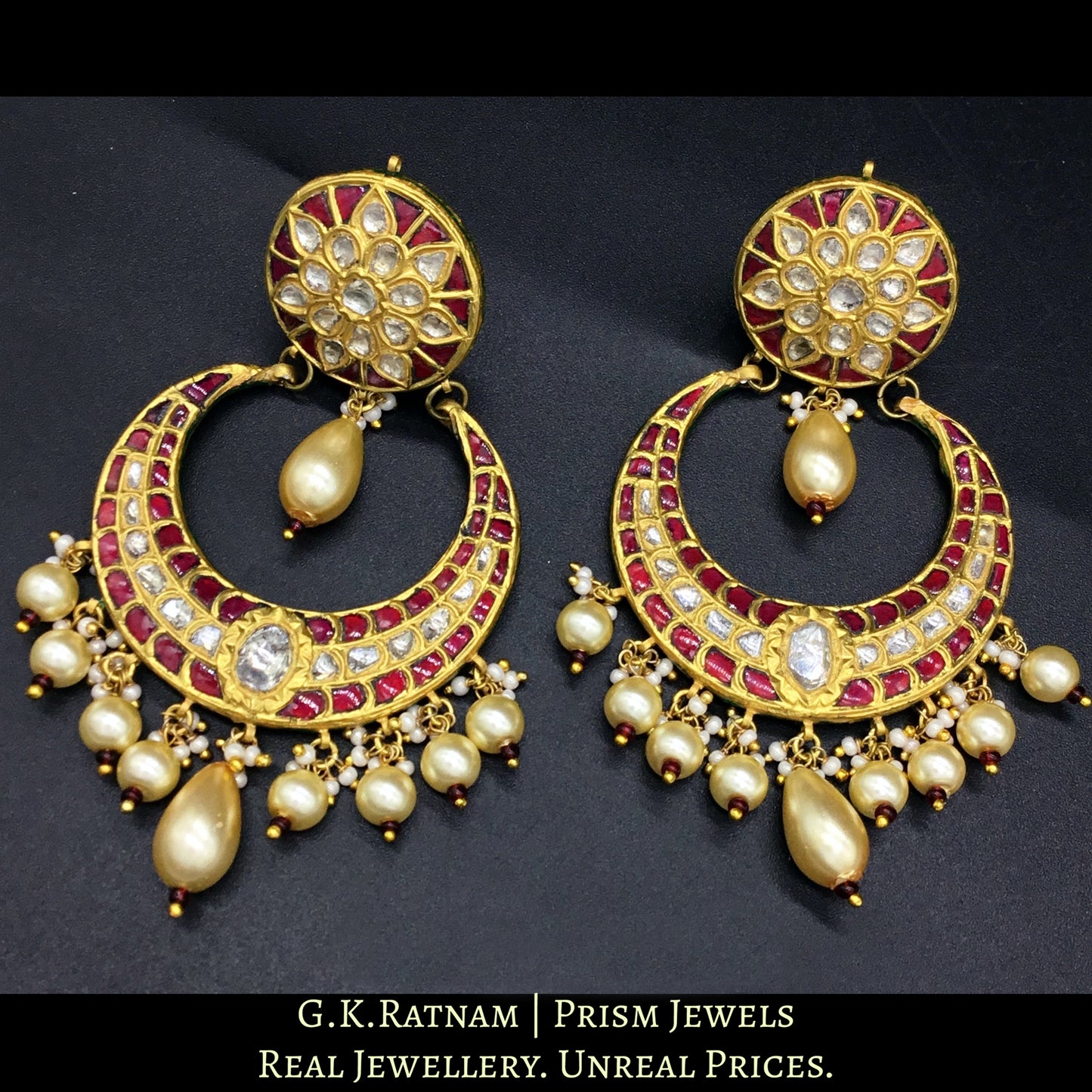 23k Gold and Diamond Polki Chand Bali Earring Pair with ruby-red stones and shell pearl clusters