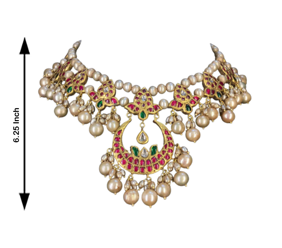 23k Gold And Diamond Polki south-style Necklace Set strung in Antiqued Freshwater Pearls
