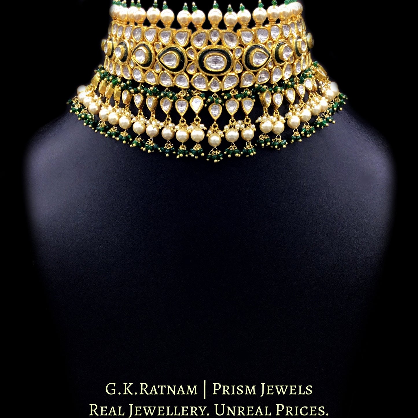 18k Gold and Diamond Polki green Choker Necklace Set with triple-coated shell pearls and emerald-green bead clusters - G. K. Ratnam