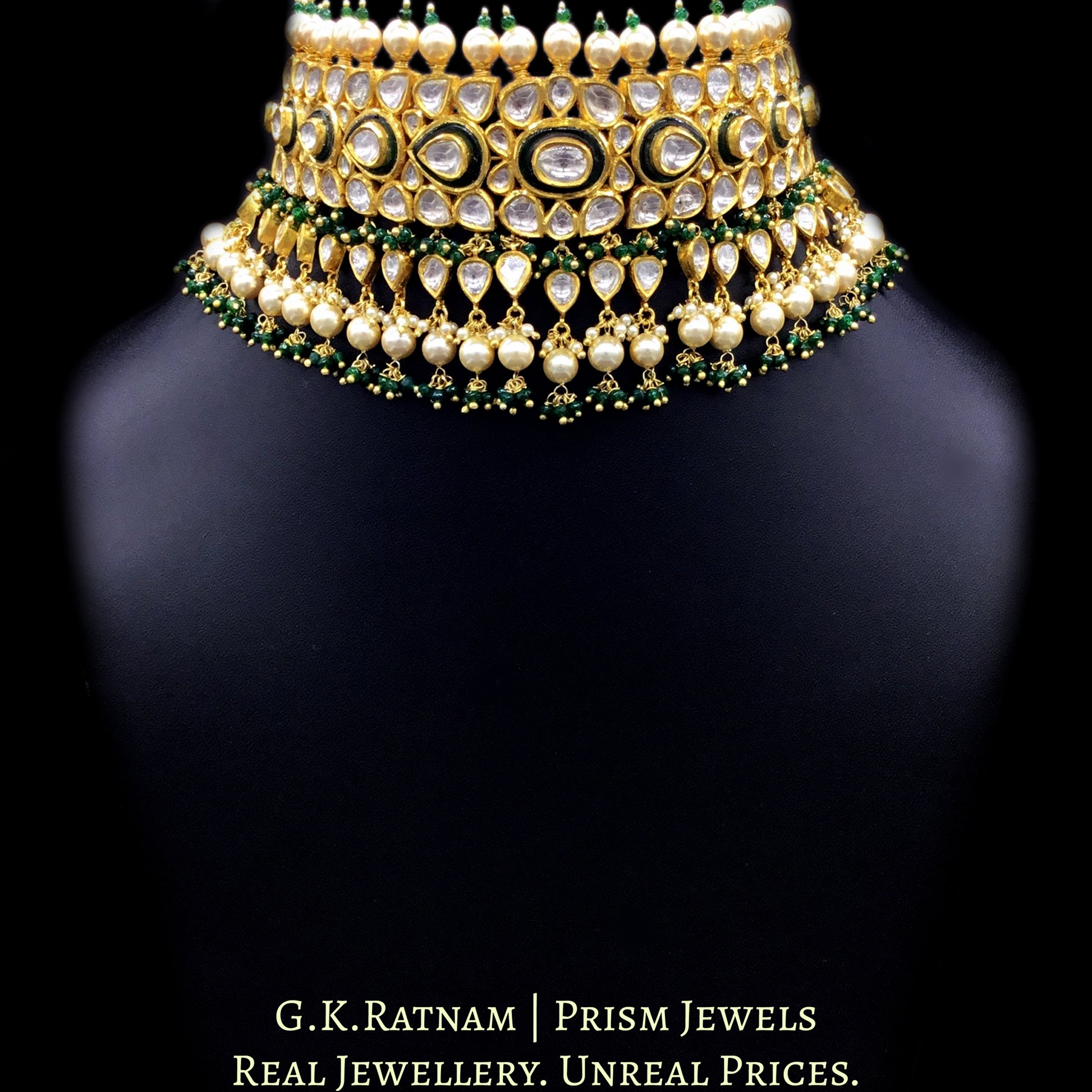 18k Gold and Diamond Polki green Choker Necklace Set with triple-coated shell pearls and emerald-green bead clusters - G. K. Ratnam