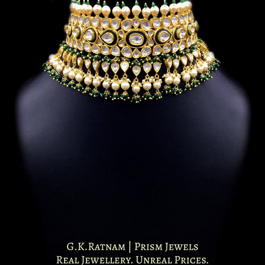 18k Gold and Diamond Polki green Choker Necklace Set with triple-coated shell pearls and emerald-green bead clusters - G. K. Ratnam