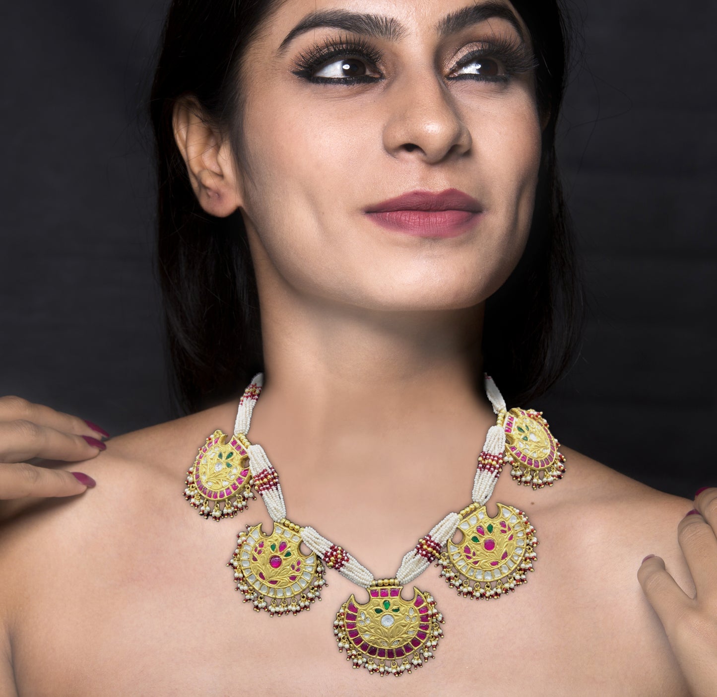 18K Gold and Diamond Polki south-style Pankhi (fan) Necklace Set with Rubies & Emeralds - G. K. Ratnam
