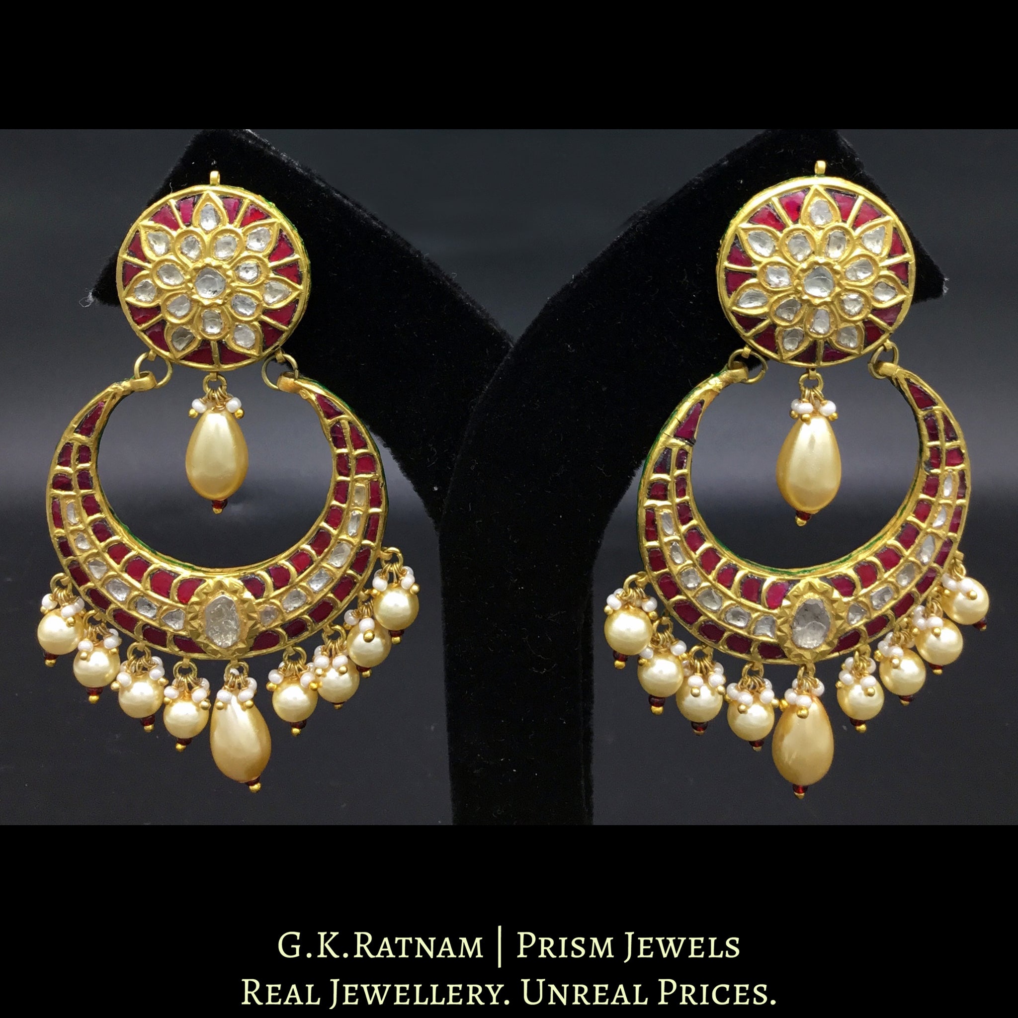 23k Gold and Diamond Polki Chand Bali Earring Pair with ruby-red stones and shell pearl clusters