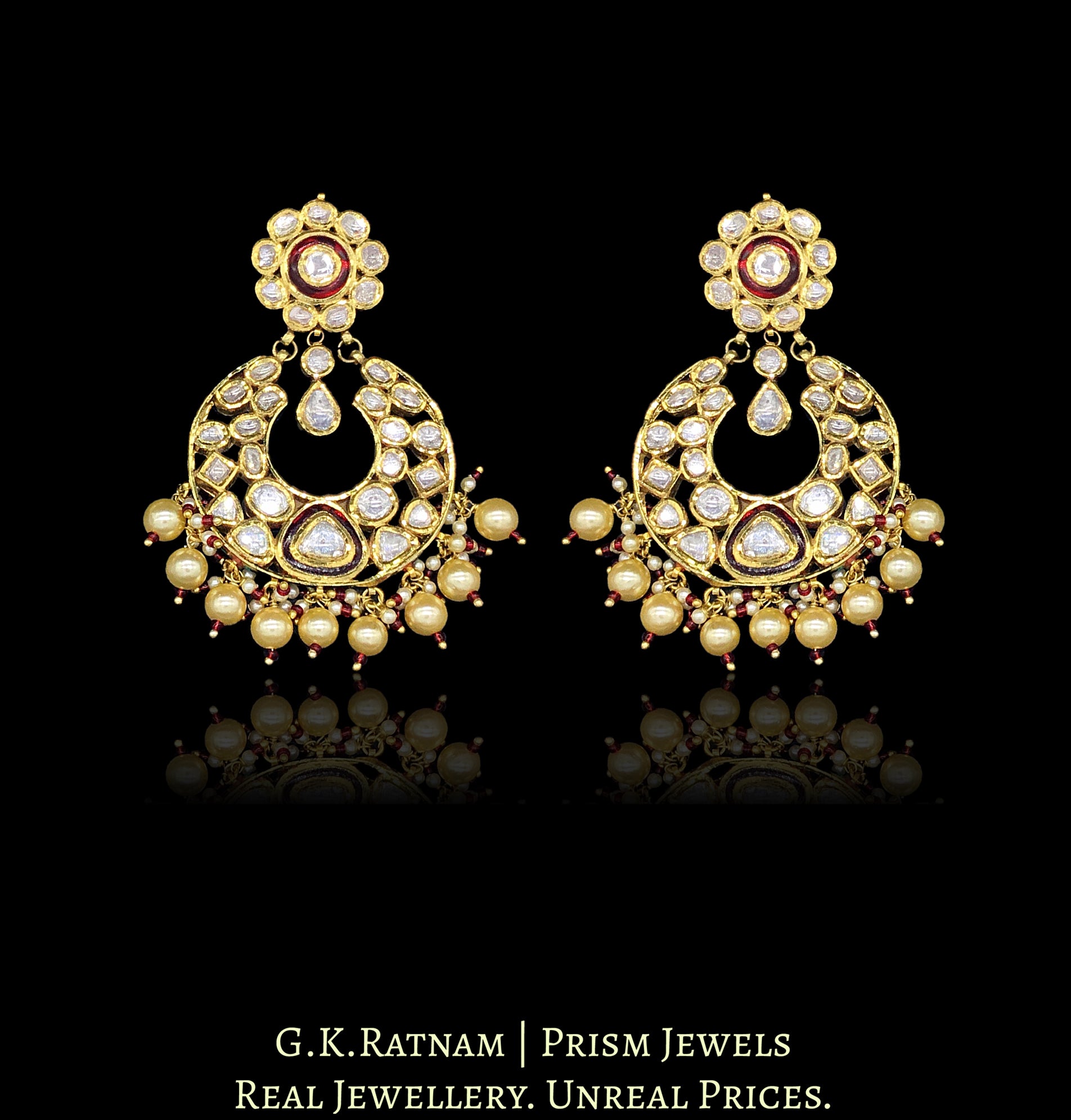 Traditional Gold and Diamond Polki Chand Bali Earring Pair with rubies and pearls strung with a hint of red