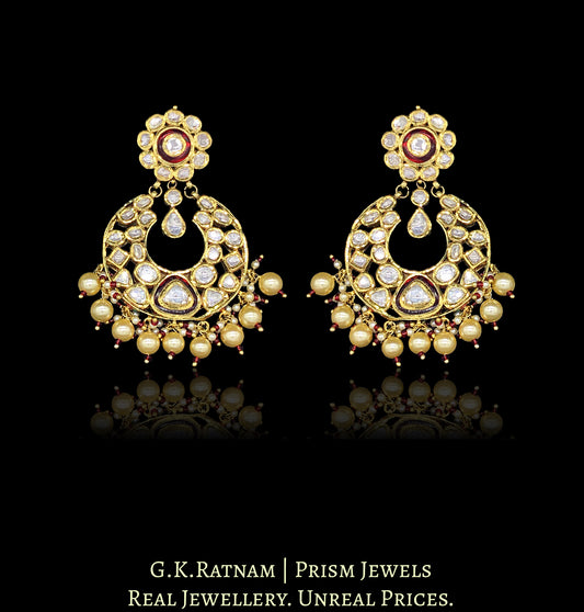Traditional Gold and Diamond Polki Chand Bali Earring Pair with rubies and pearls strung with a hint of red - G. K. Ratnam