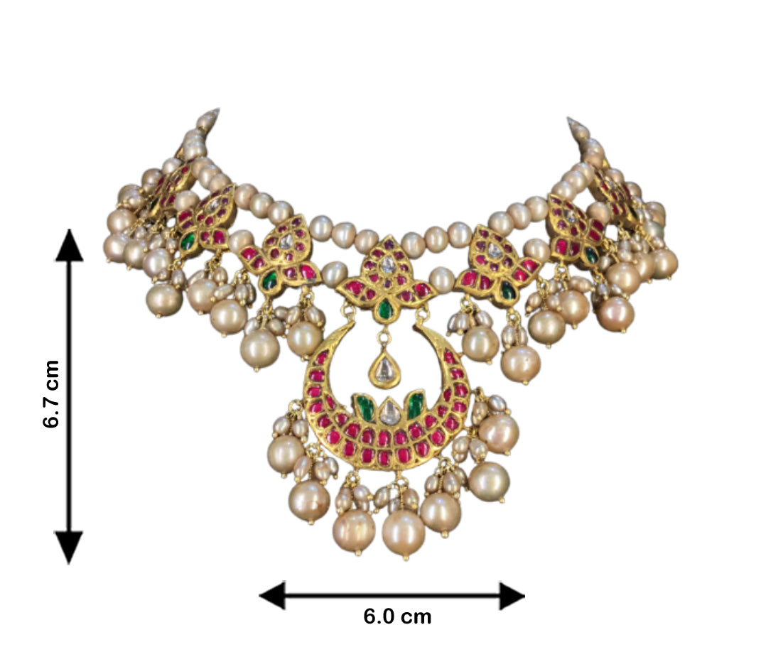 23k Gold And Diamond Polki south-style Necklace Set strung in Antiqued Freshwater Pearls