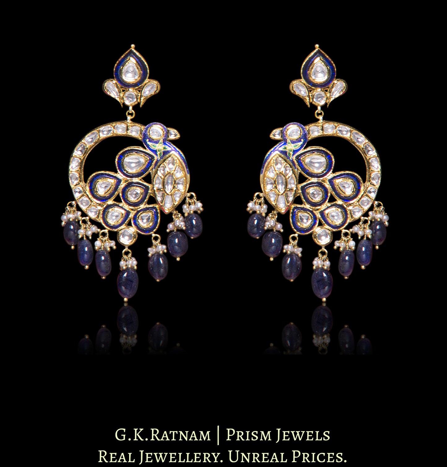 Traditional Gold and Diamond Polki color Chand Bali Earring pair in peacock shape