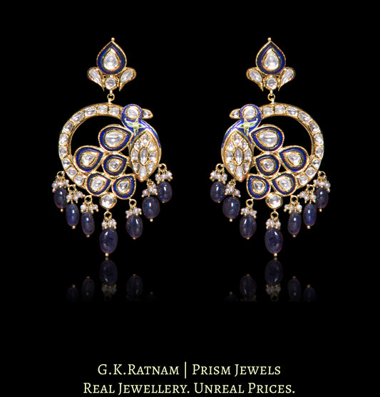 Traditional Gold and Diamond Polki color Chand Bali Earring pair in peacock shape