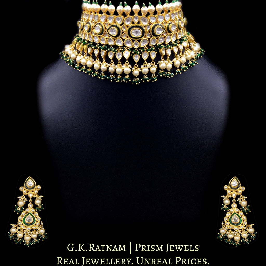 18k Gold and Diamond Polki green Choker Necklace Set with triple-coated shell pearls and emerald-green bead clusters - G. K. Ratnam