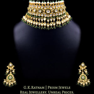 18k Gold and Diamond Polki green Choker Necklace Set with triple-coated shell pearls and emerald-green bead clusters - G. K. Ratnam