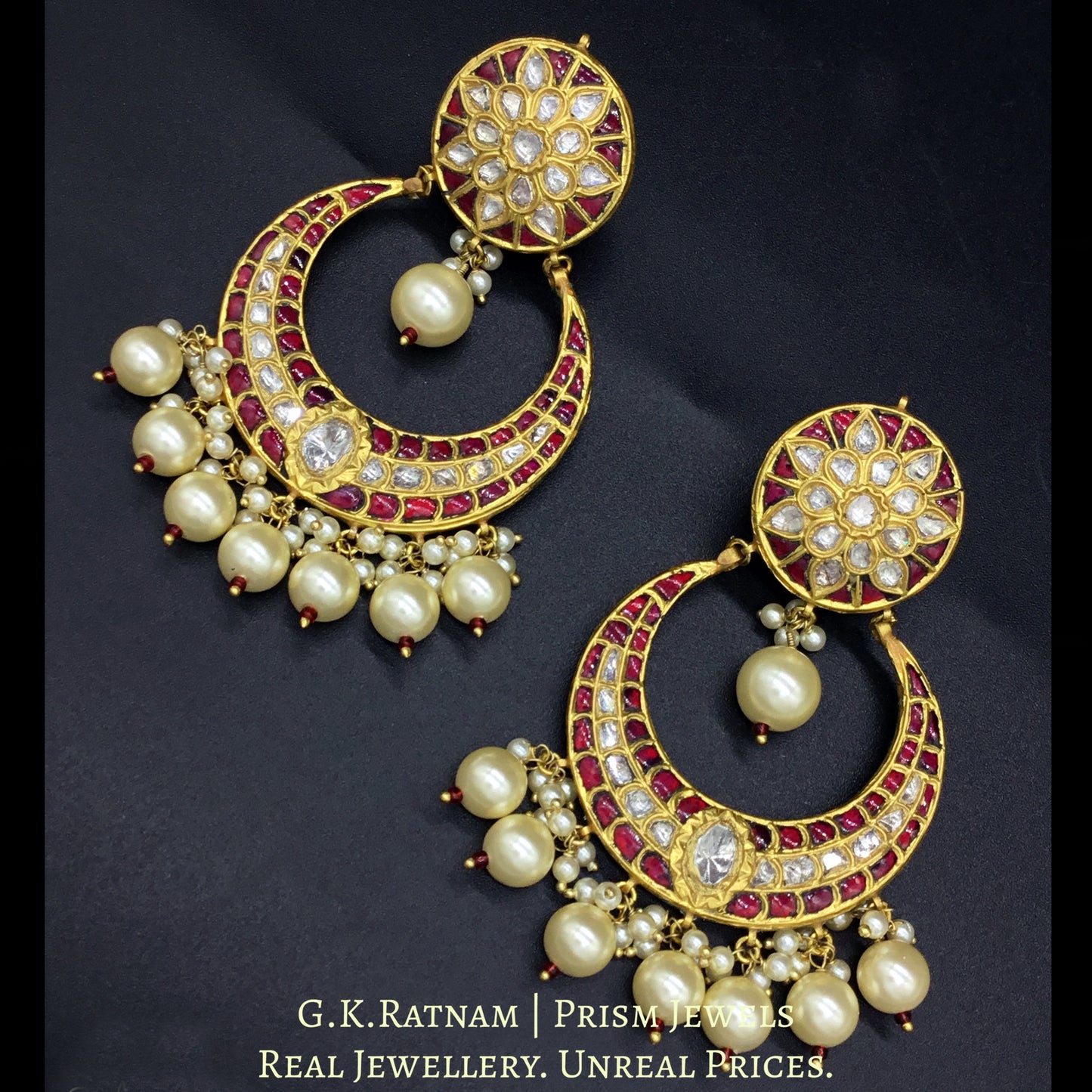 23k Gold and Diamond Polki Chand Bali Earring Pair with ruby-red stones and shell pearl clusters