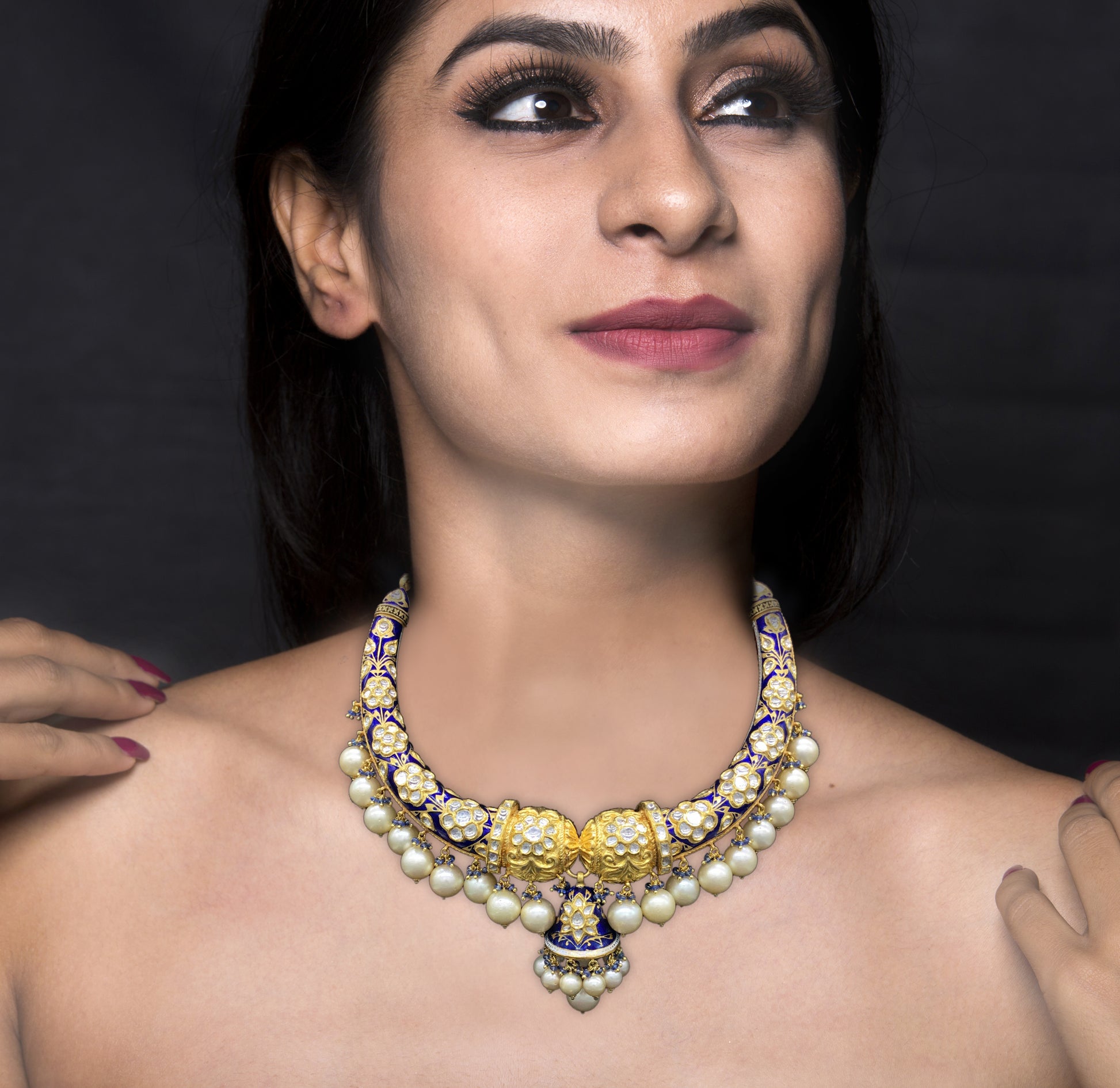 22k Gold and Diamond Polki blue enamel Hustlie Necklace Set with Natural South Sea Pearls - G. K. Ratnam