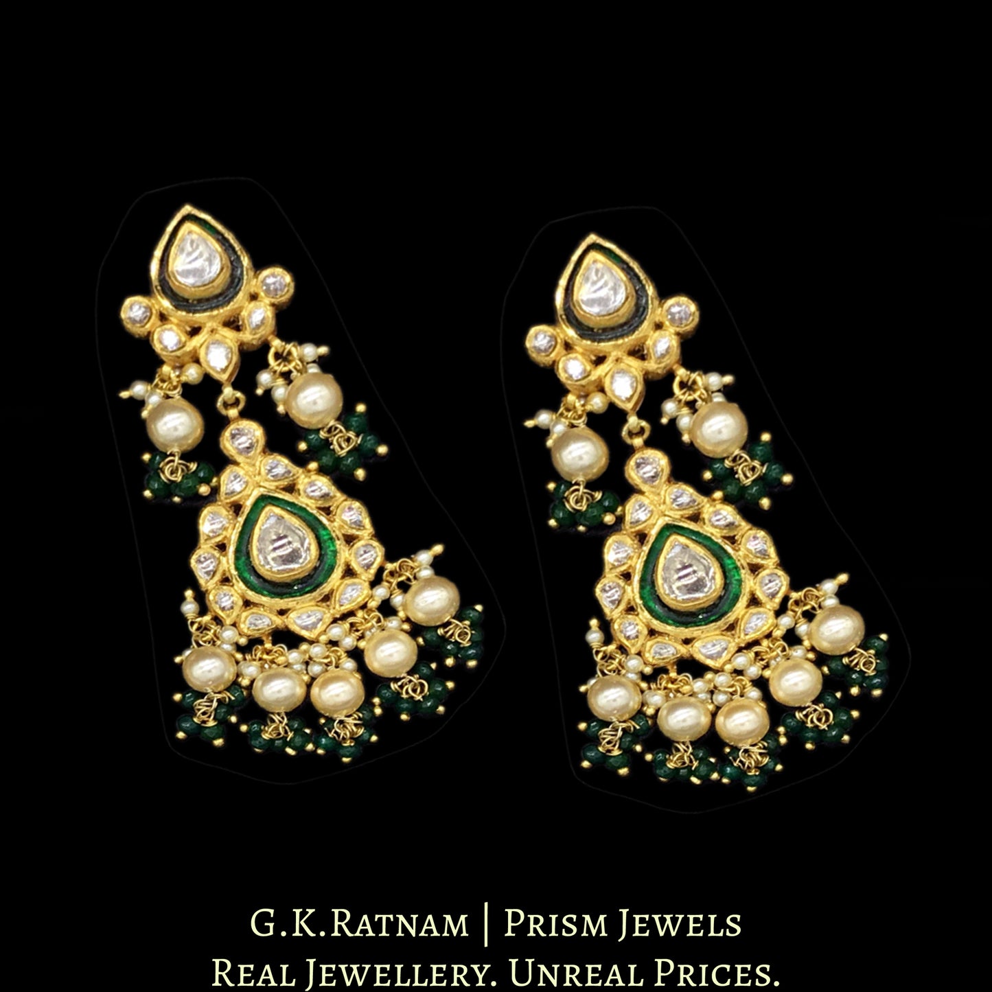 18k Gold and Diamond Polki green Choker Necklace Set with triple-coated shell pearls and emerald-green bead clusters - G. K. Ratnam