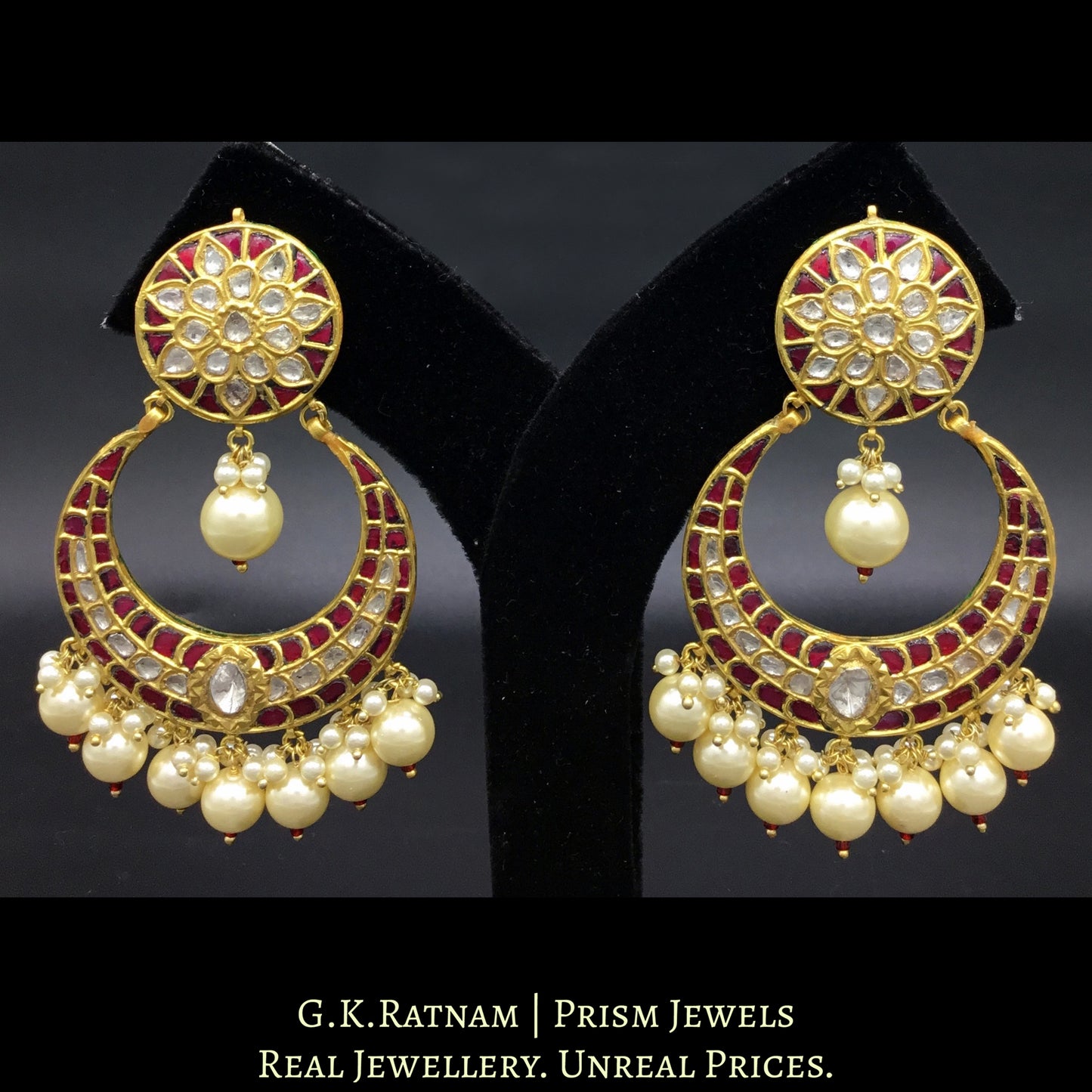 23k Gold and Diamond Polki Chand Bali Earring Pair with ruby-red stones and shell pearl clusters