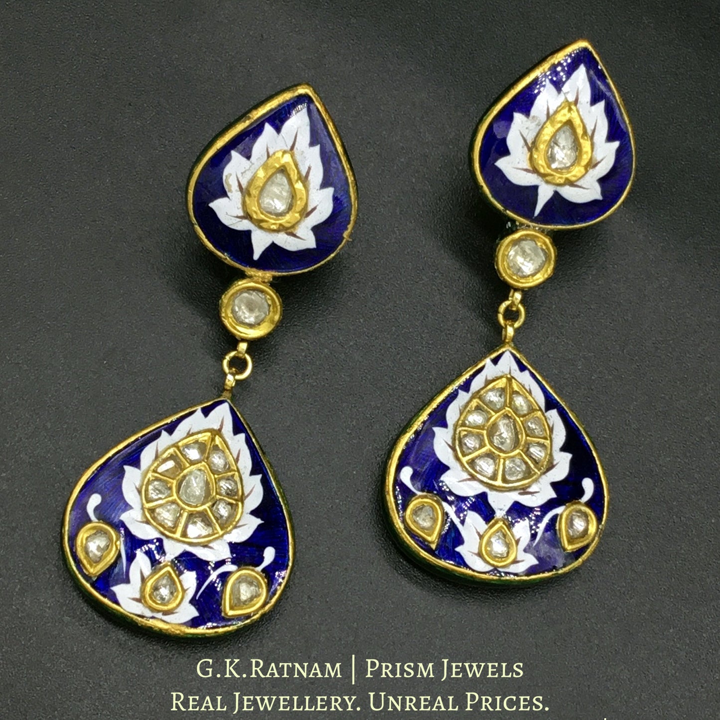 23k Gold and Diamond Polki Long Earring Pair with soothing blue and white enamel