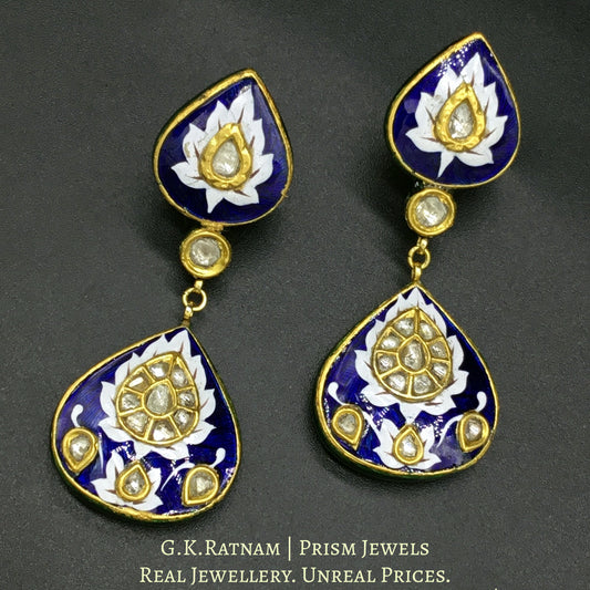 23k Gold and Diamond Polki Long Earring Pair with soothing blue and white enamel