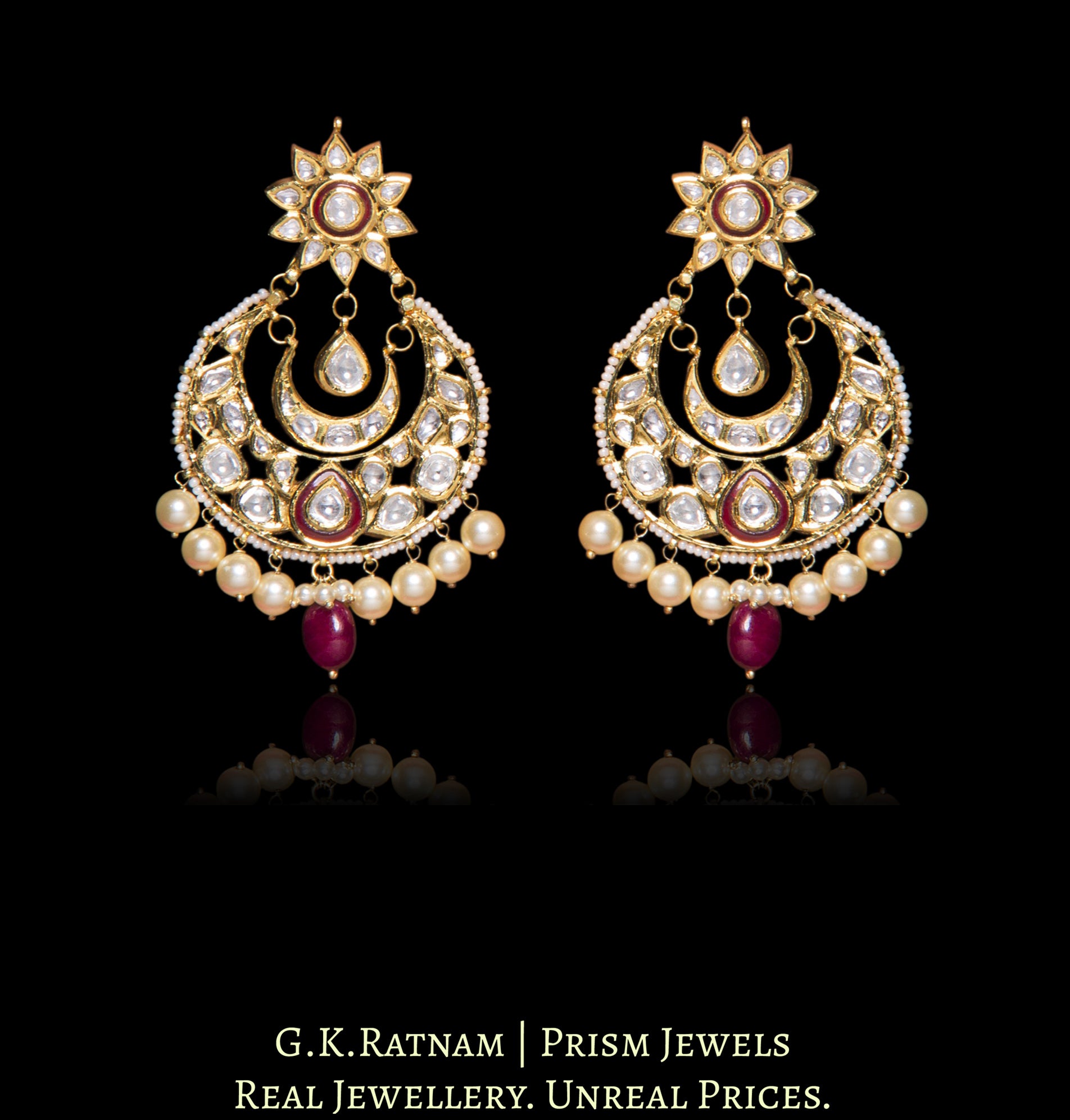 Traditional Gold and Diamond Polki Chand Bali Earring Pair with rubies and pearls