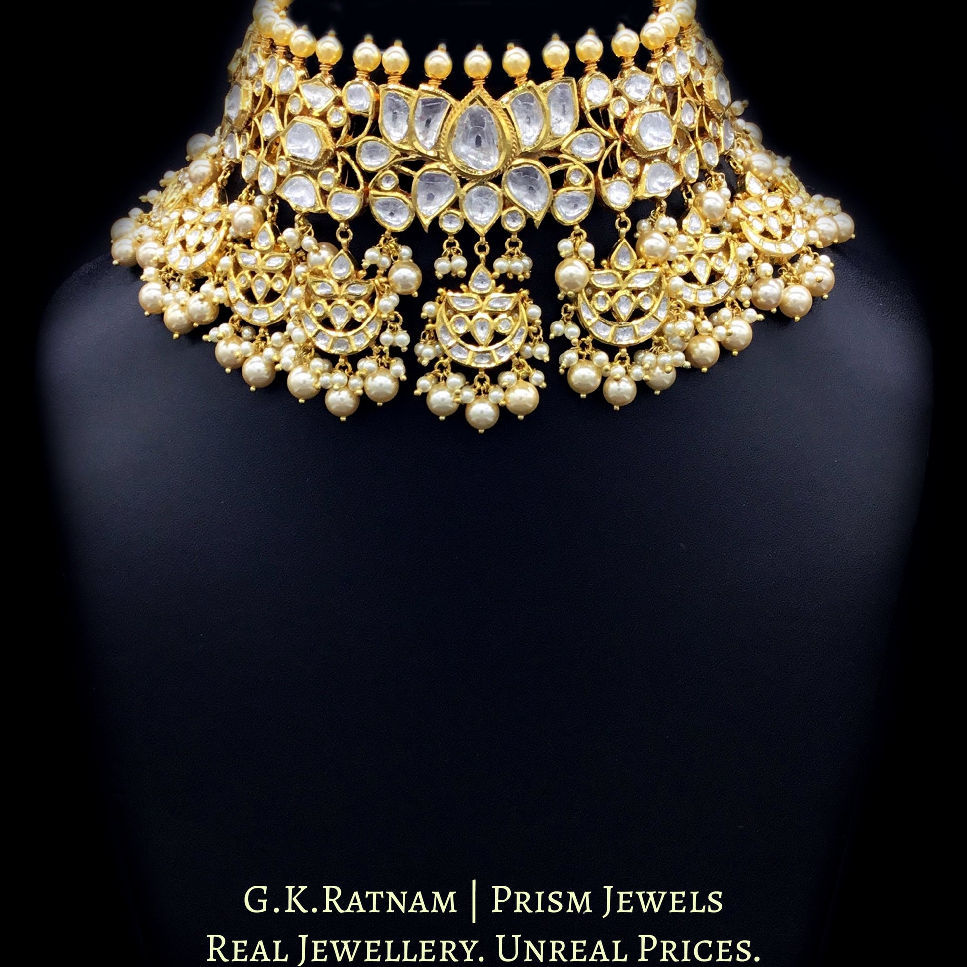 18k Gold and Diamond Polki Lotus Choker Necklace Set with multiple chand hangings - G. K. Ratnam