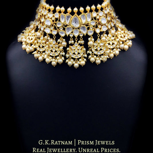 18k Gold and Diamond Polki Lotus Choker Necklace Set with multiple chand hangings - G. K. Ratnam